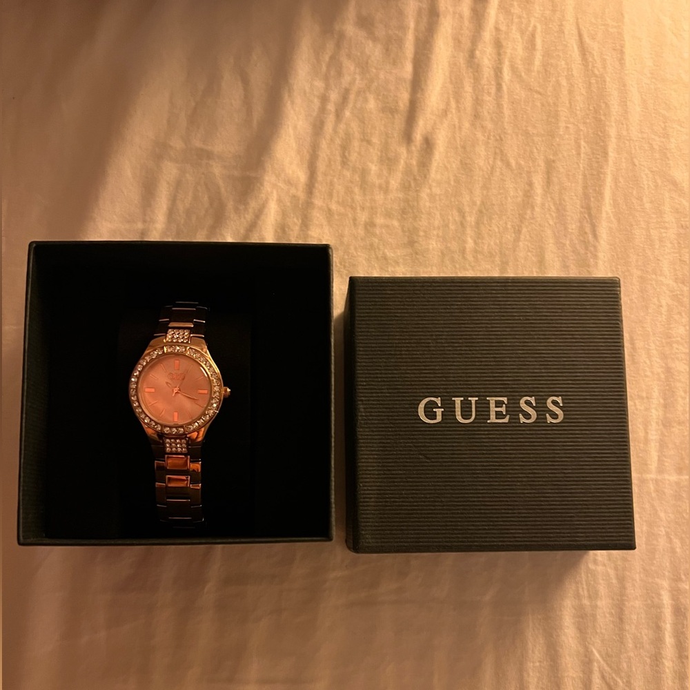 Guess Rose Gold-Tone and Rhinestone Slim Watch, Rose gold, NS, Infallible